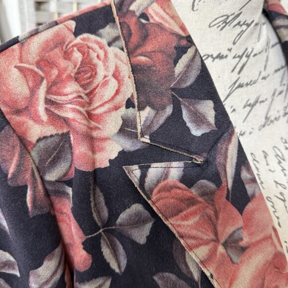 Solitaire Faux Suede Open Jacket Size L Pink Brown Floral Notch Collar Pockets - Picture 4 of 9